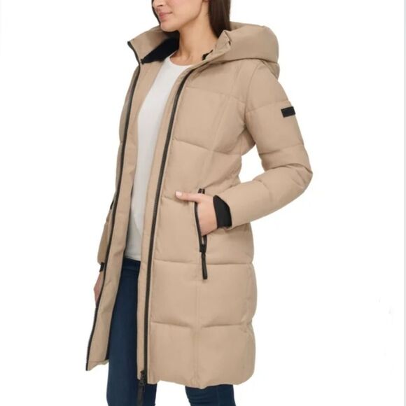 Calvin Klein Women XXL Heavyweight Oxford Puffer Jacket 2-Way Zip Hooded Tan NWT - Picture 2 of 5